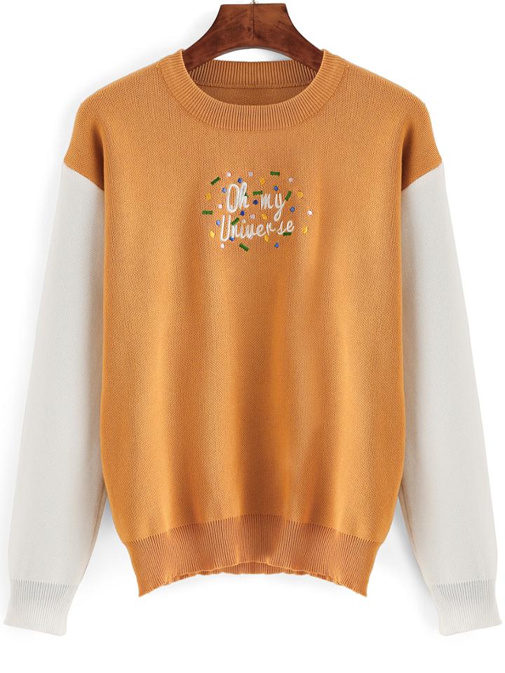 Romwe Contrast Long Sleeve Embroidered Sweater