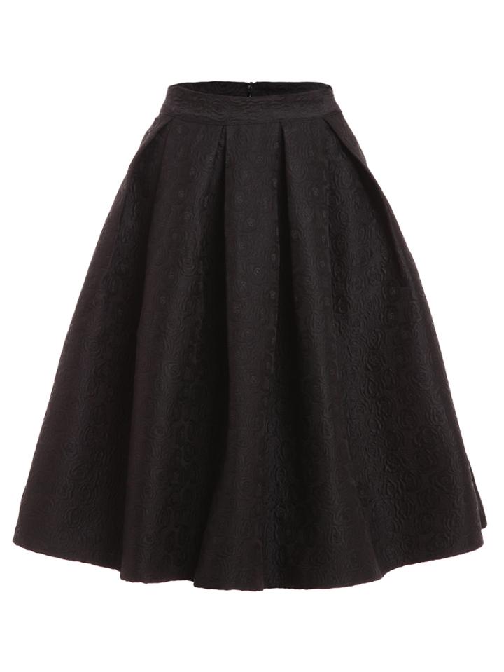 Romwe Black Flower Embossed Box Pleated Volume Skirt