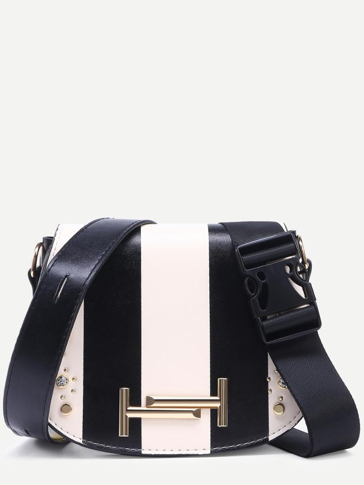 Romwe Contrast Vertical Striped Rhinestone Studded Saddle Bag