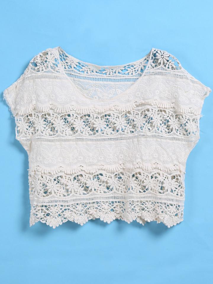Romwe Floral Crochet Hollow Crop Apricot Blouse