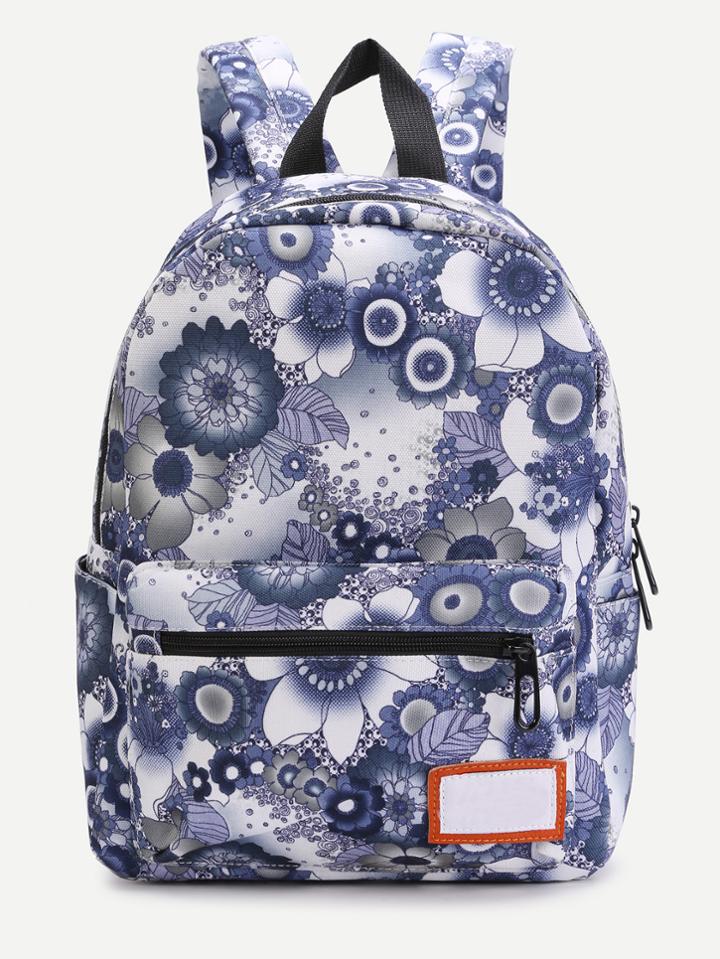 Romwe Moonlit Floral Front Zipper Nylon Backpack