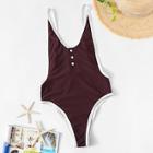 Romwe Button Front Contrast Trim One Piece Swimsuit