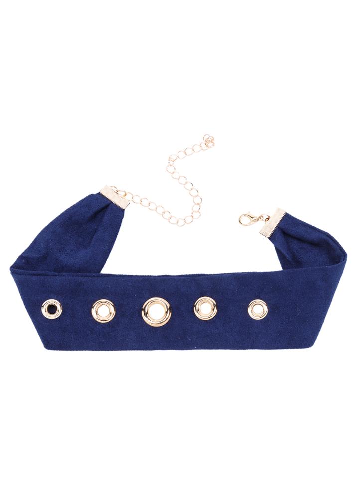 Romwe Gold Eyelet Embellished Navy Wide Choker