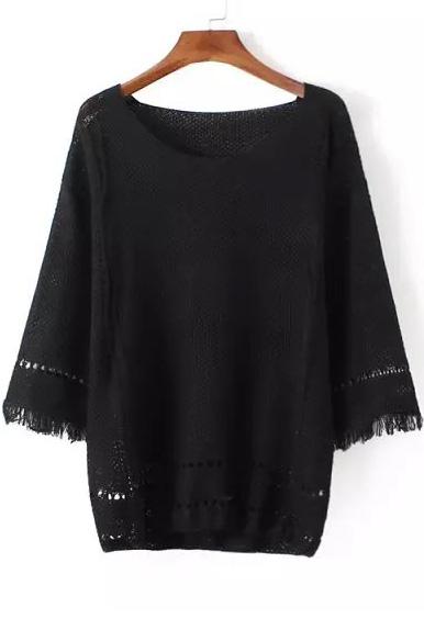 Romwe With Tassel Hollow Loose Black Sweater