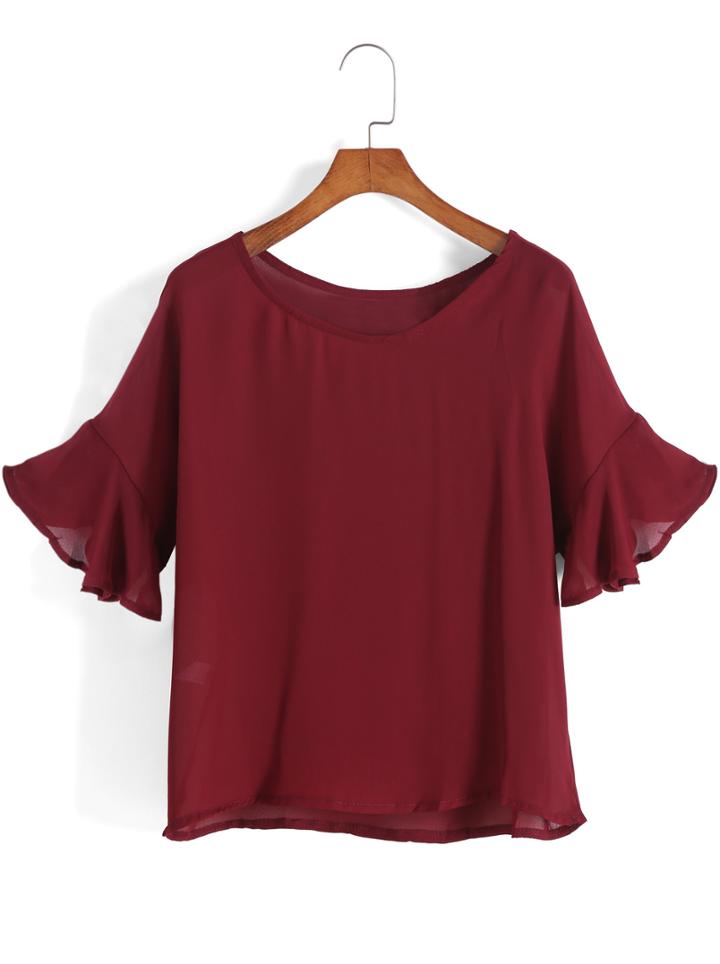 Romwe Red Ruffle Sleeve Loose Chiffon Blouse