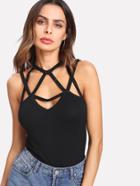 Romwe Cage Neck Solid Fitted Top