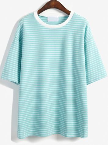 Romwe Round Neck Striped Loose Green T-shirt