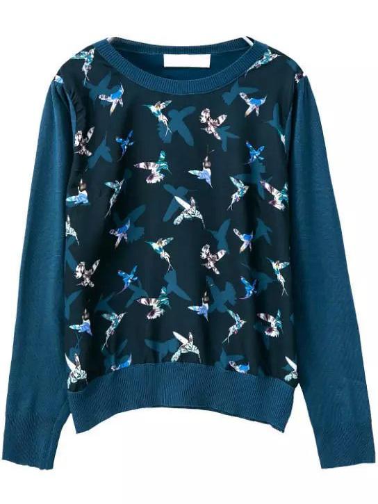 Romwe Round Neck Bird Print Sweater