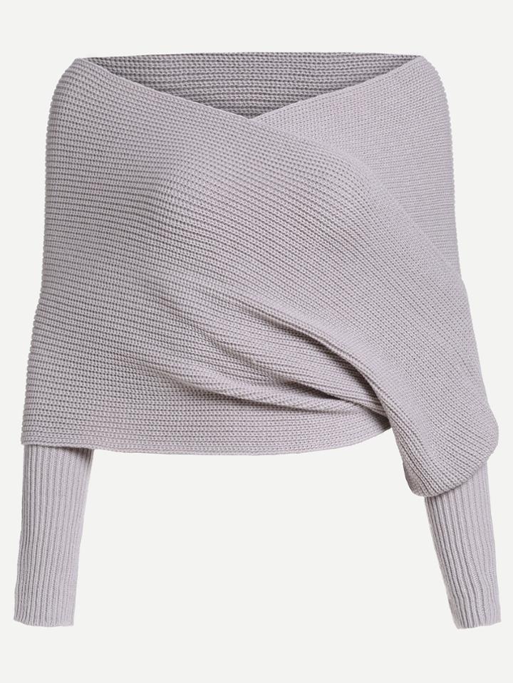 Romwe Grey Off The Shoulder Cross Wrap Sweater
