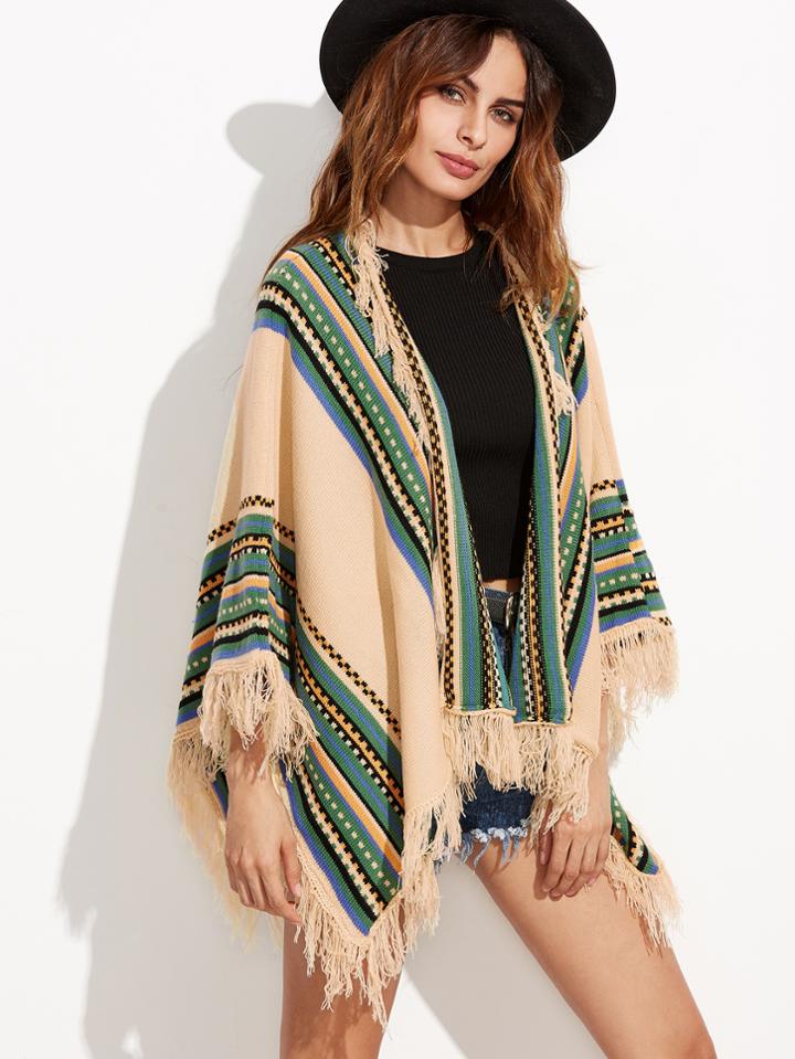 Romwe Apricot Fringe Detail Poncho Sweater