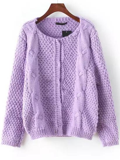 Romwe Purple Round Neck Cable Knit Cardigan