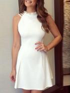 Romwe White Pearl Cut Out Backless Dress