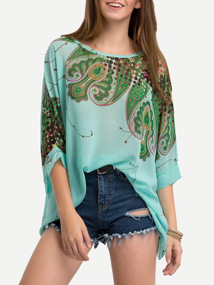 Romwe Green Paisley Print Chiffon Shirt