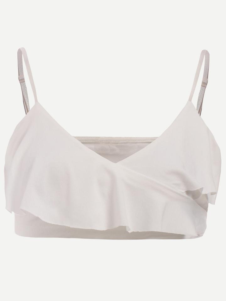 Romwe White Surplice Front Ruffled Crop Cami Top