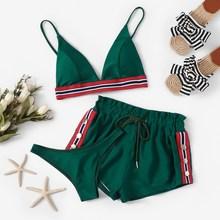 Romwe Striped Trim Bikini Set With Shorts 3pack