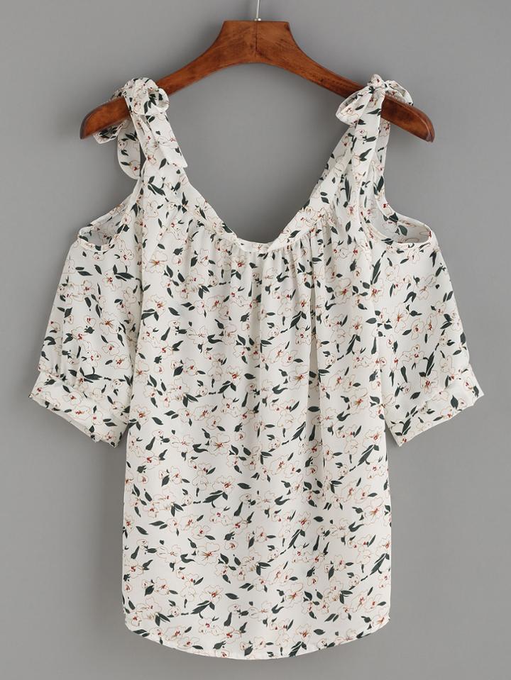 Romwe White Flower Print Tied Cold Shoulder Top