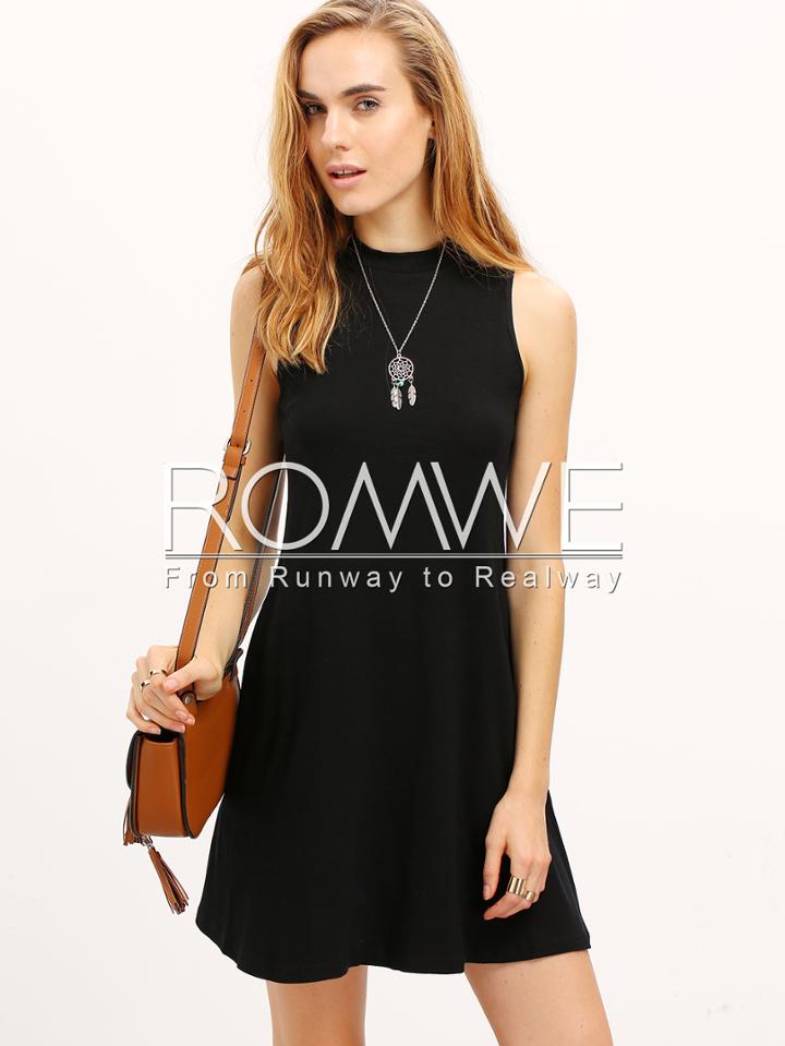 Romwe Black Sleeveless Mock Neck Rib Dress