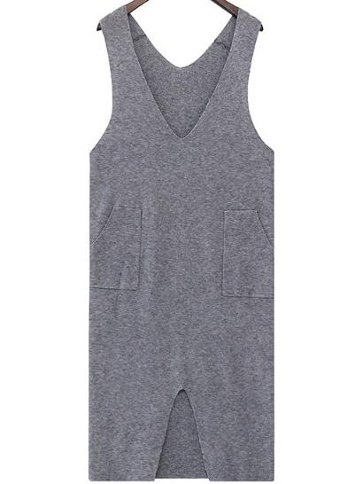 Romwe V Neck Slit Front Pockets Grey Dress