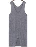Romwe V Neck Slit Front Pockets Grey Dress