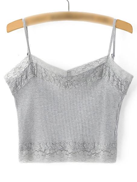 Romwe Grey Lace Trim Rib Spaghetti Strap Camis Top