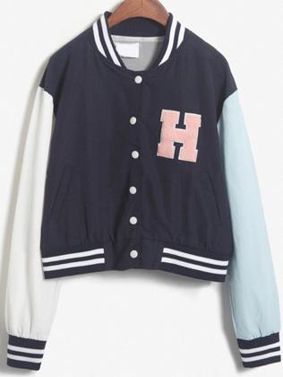 Romwe Striped Trim Patch Buttons Blue Jacket
