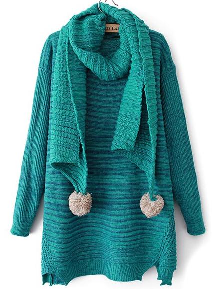 Romwe Dropped Shoulder Seam Split Green Sweater Dress With Pom Pom Scarf