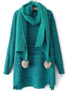 Romwe Dropped Shoulder Seam Split Green Sweater Dress With Pom Pom Scarf