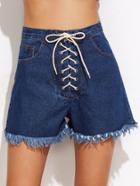 Romwe Blue High Waist Lace Up Fringe Hem Denim Shorts