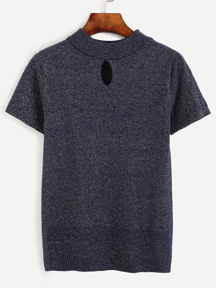 Romwe Navy Marled Knit Keyhole Knit T-shirt