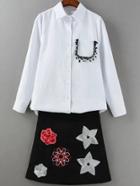 Romwe Crochet Pocket Blouse With High Waist Embroidered Skirt