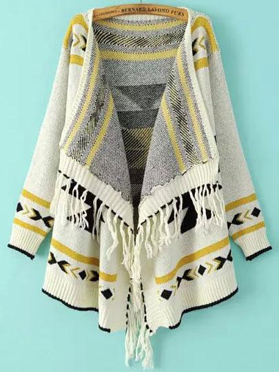 Romwe White Long Sleeve Geometric Print Tassel Cardigan