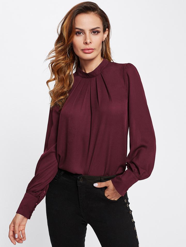 Romwe Button Keyhole Back Puff Sleeve Chiffon Blouse