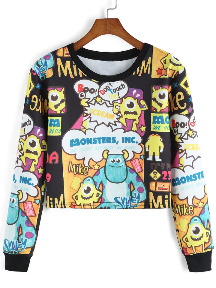 Romwe Monster Print Crop Black Sweatshirt