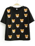 Romwe Cubs Print Black T-shirt