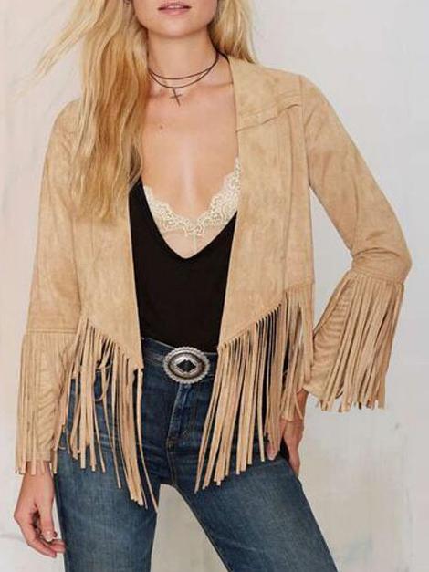 Romwe Fringe Open Front Suede Coat