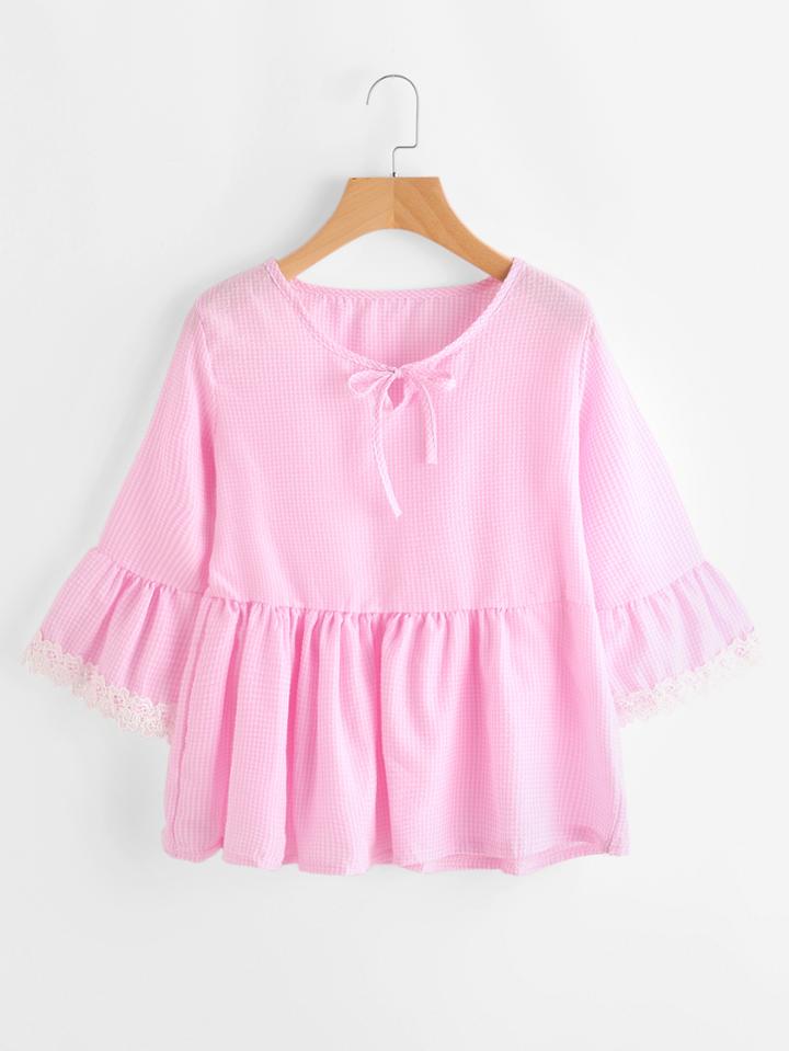 Romwe Gingham Contrast Crochet Lace Trim Smock Blouse