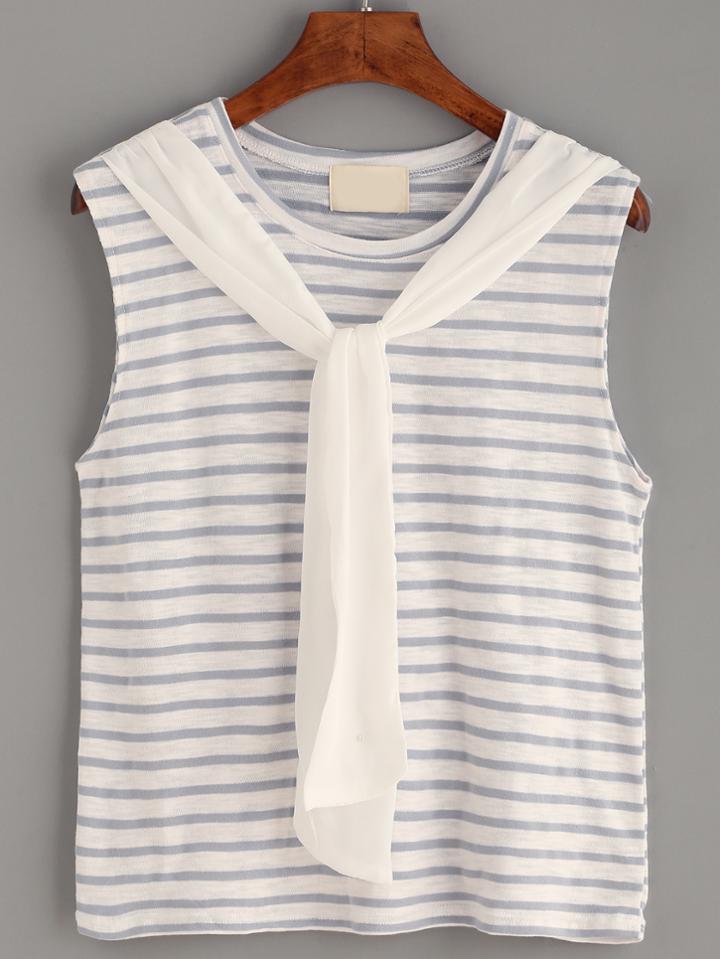 Romwe Grey Striped Tie Front Knit Top
