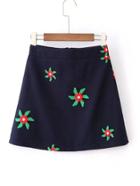 Romwe Flower Embroidery A Line Skirt