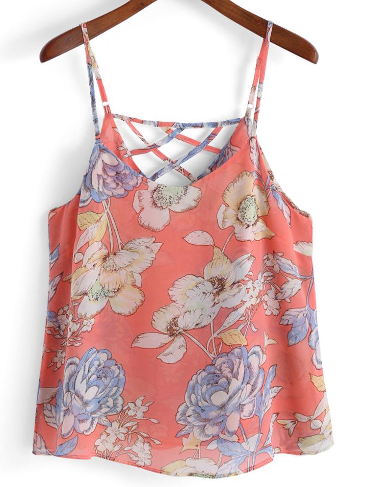 Romwe Spaghetti Strap Florals Chiffon Red Cami Top