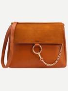Romwe Brown Ring Chain Accent Faux Suede Flap Bag