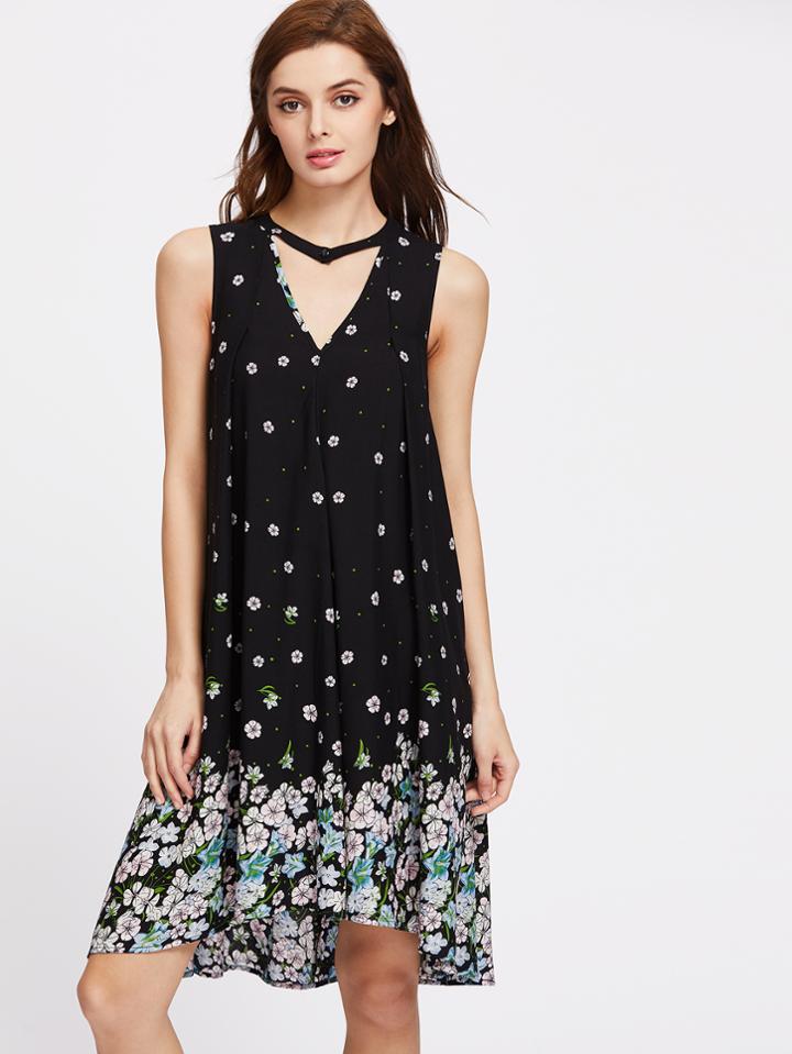 Romwe Floral Print Buttoned Cutout Choker Neck Dress