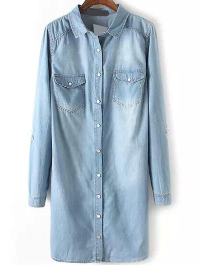 Romwe Bleached Denim Shirt Dress With Pockets