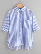 Romwe Striped Dip Hem Shirt With Chest Pocket