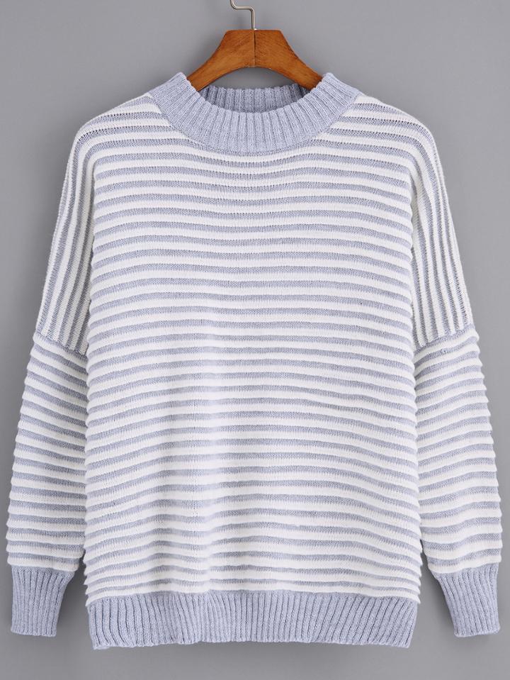 Romwe Contrast Collar Striped Grey Sweater
