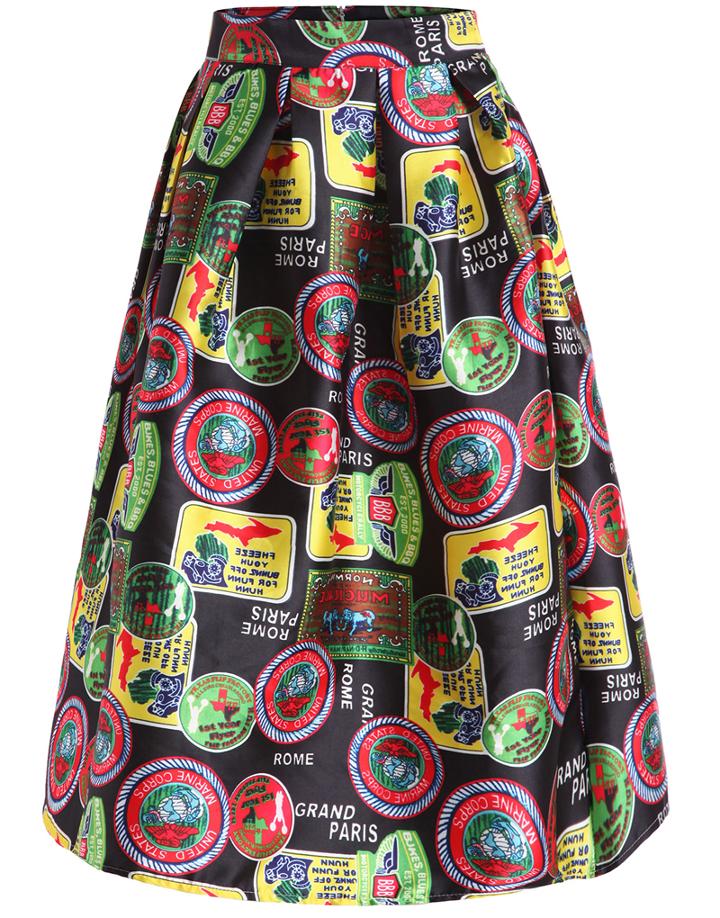 Romwe Badge Print Flare Skirt