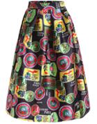 Romwe Badge Print Flare Skirt