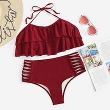 Romwe Ladder Cut-out Ruffle Bikini Set