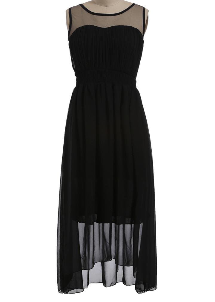 Romwe Sheer Mesh Insert High Low Chiffon Dress