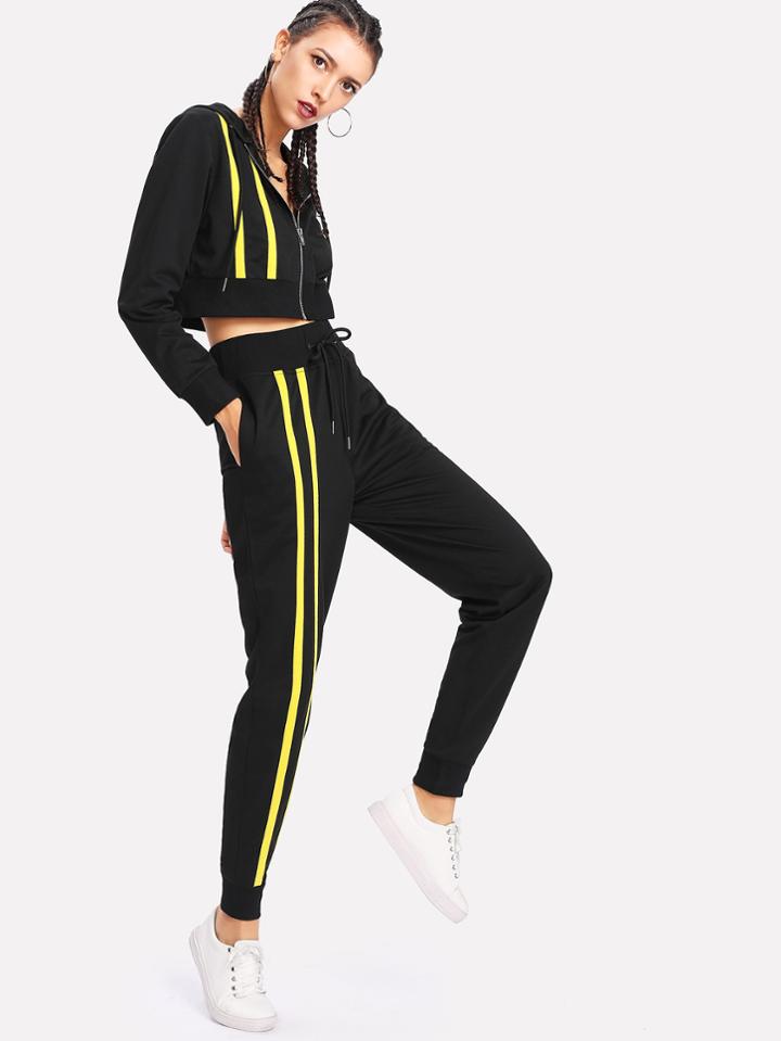 Romwe Tape Detail Crop Hooded Jacket & Sweatpants Set