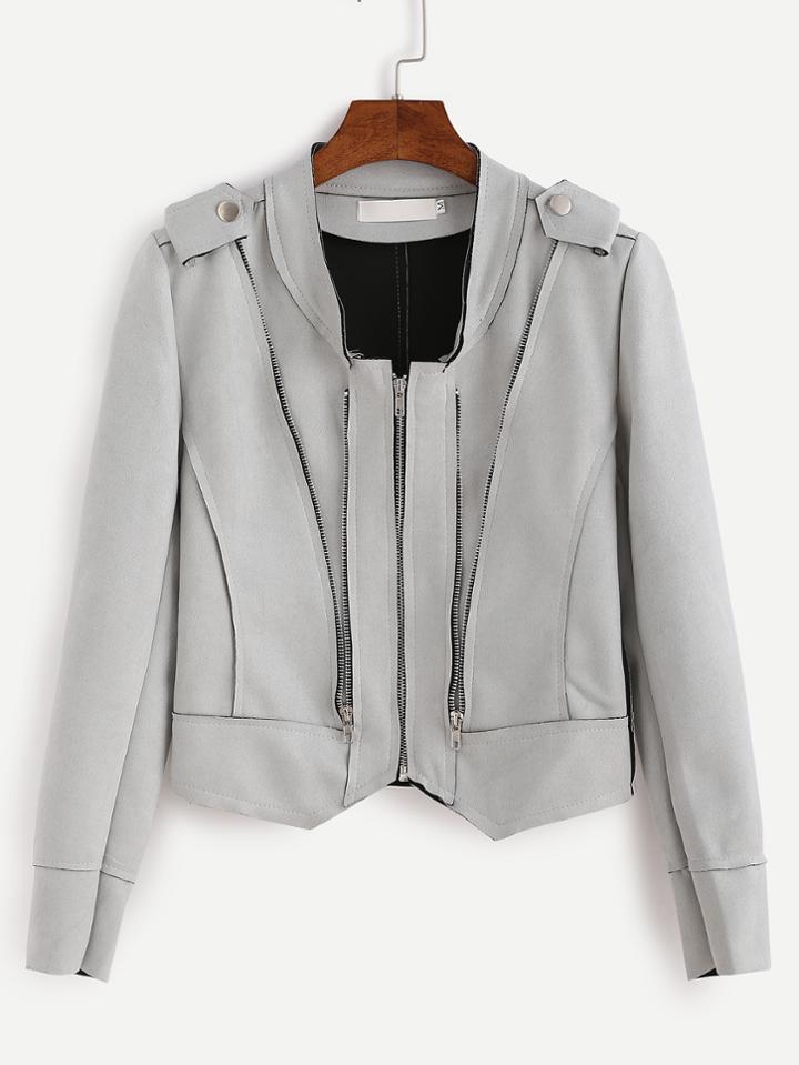 Romwe Pale Grey Epaulet Zipper Detail Suede Biker Jacket